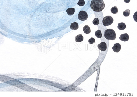 Abstract watercolor background with blue and black circles and dots on white 124913783