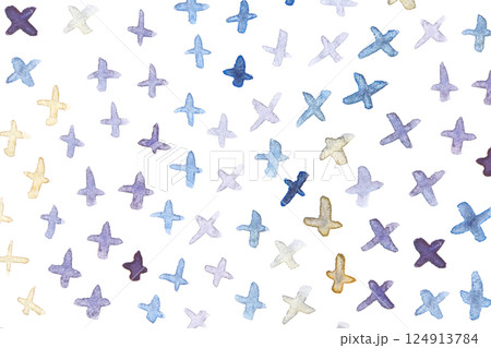 Abstract watercolor pattern with blue and yellow cross marks in a whimsical 124913784