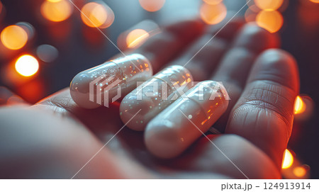 Three white pills are held in a hand 124913914