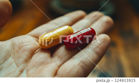 Two pills are in a person's hand, one red and one orange. 124913915