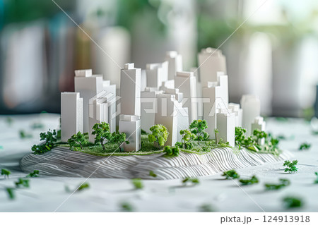 Model of a city with a hill and trees. 124913918