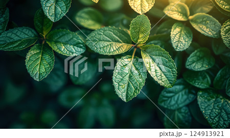 Lush green plant with droplets of water on its leaves. 124913921