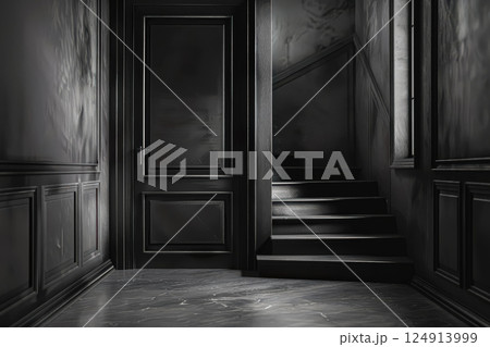 White door with a gold handle sits in front of a wall with a white trim. White door with a gold handle sits in front of a wall with a white trim. 124913999