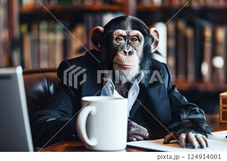 Monkey is sitting at a desk with a laptop and a cup of coffee. 124914001