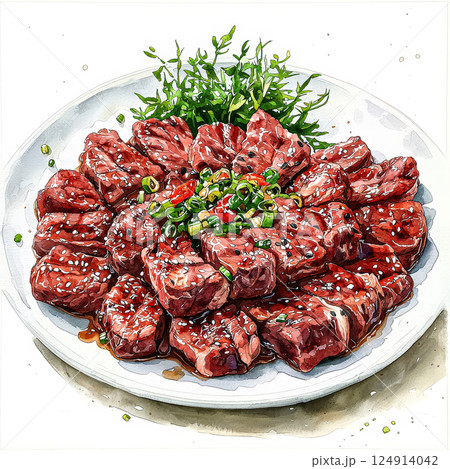 Plate of meat with a garnish of green herbs and onions 124914042