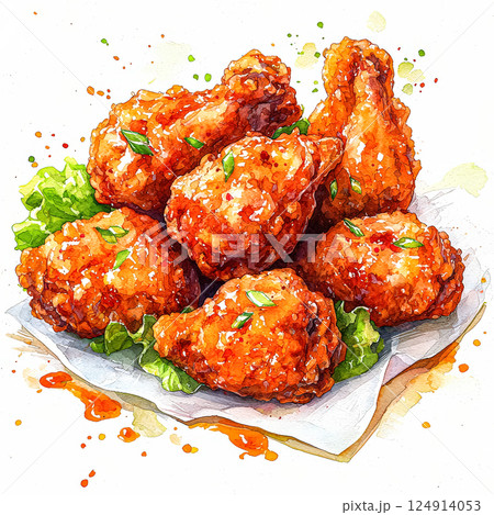 Plate of fried chicken with a side of sauce and green onions. 124914053