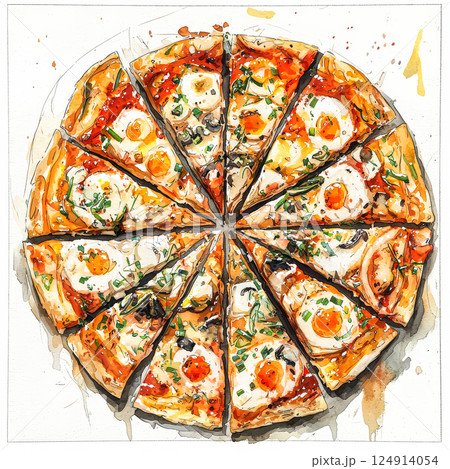 Pizza with a variety of toppings, including eggs, is sliced into twelve pieces 124914054