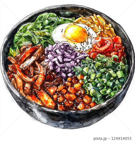 Bowl of food with a variety of vegetables and a fried egg. 124914055