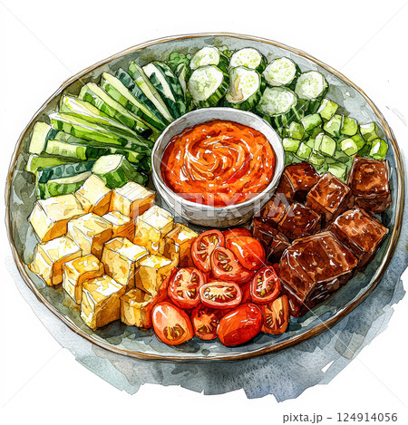 Plate of food with a variety of vegetables and meat, including tomatoes 124914056