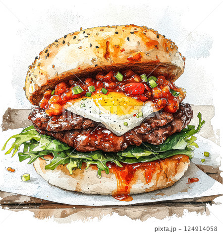 Large burger with a fried egg on top and a sauce drizzled over it 124914058
