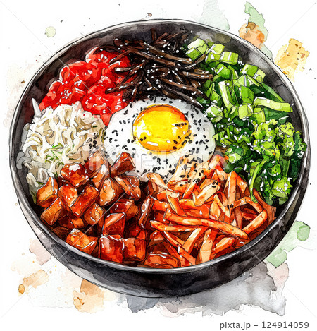 Bowl of food with a variety of vegetables and a fried egg. 124914059