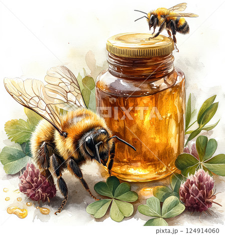 Jar of honey is on a table with two bees 124914060