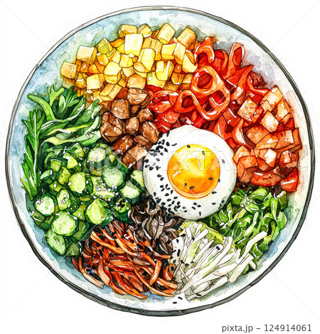Bowl of food with a variety of vegetables and a fried egg. 124914061