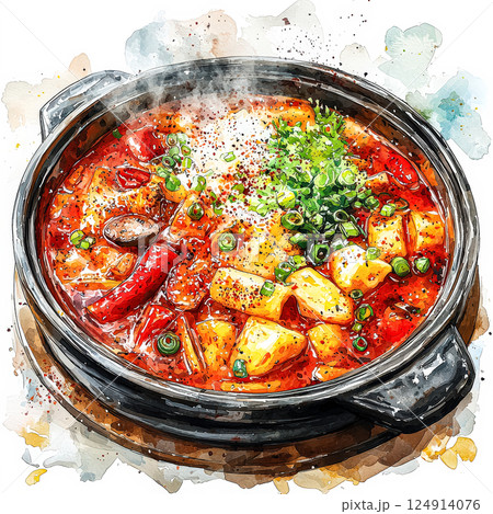 Bowl of red soup with green vegetables and a red pepper 124914076