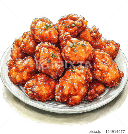 Plate of fried chicken with a side of sauce and green onions. 124914077