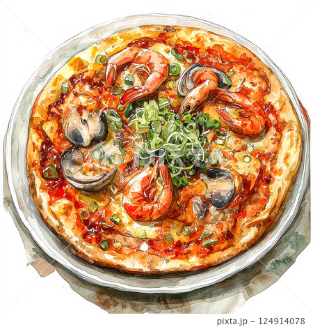 Pizza with shrimp and mushrooms on top 124914078