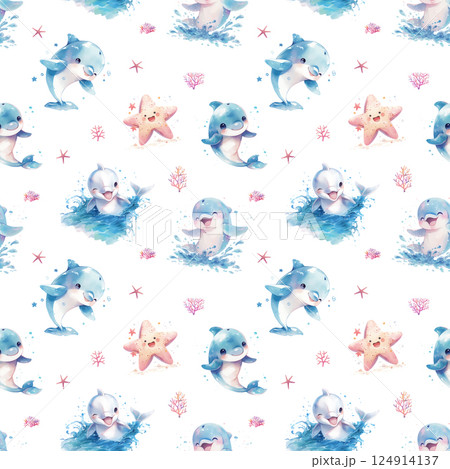 Pattern with cute dolphin and corals, watercolor illustration 124914137