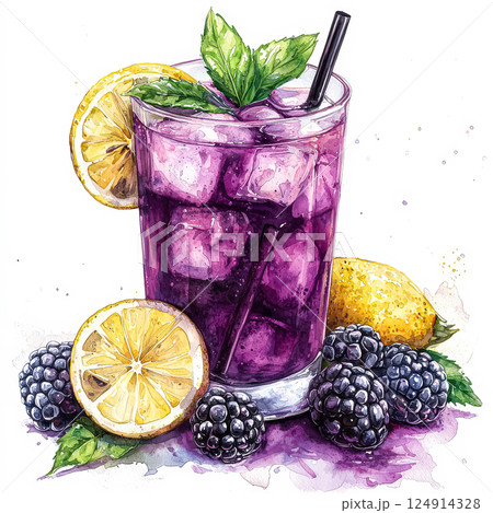 Glass of purple drink with ice cubes and a lemon slice. 124914328