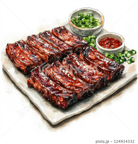 Plate of ribs with sauce and green onions 124914332
