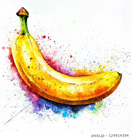 Banana is shown in a painting with a splash of color 124914394