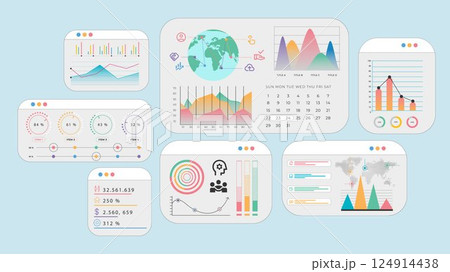 Global dashboard interface with calendar, data graphs, and international connection icons illustrating strategy and statistics. 124914438