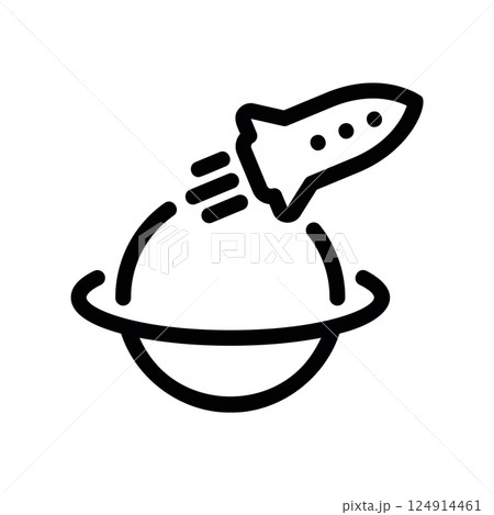 Rocket outline orbiting planet symbol representing space exploration technology 124914461