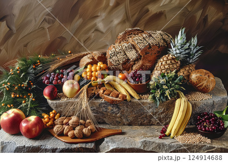 Three colorful drinks are on a table on a beach. Three colorful drinks are on a table on a beach. 124914688