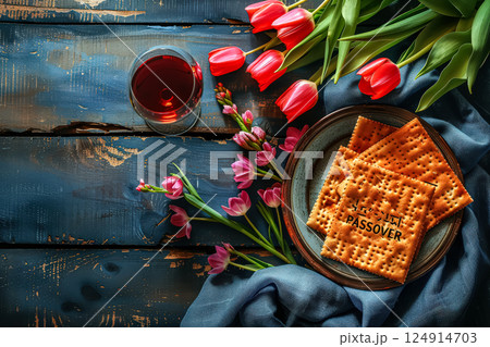 Plate of crackers and a glass of wine sits on a wooden table 124914703