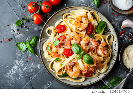 Plate of shrimp pasta with tomatoes and basil. 124914709