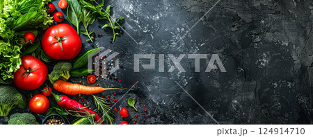 Black background with a variety of vegetables including tomatoes, carrots 124914710
