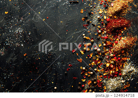 Colorful array of spices and herbs are laid out on a black background. 124914718