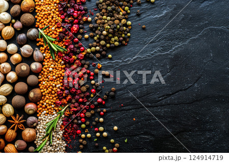 Variety of spices are displayed on a black background 124914719