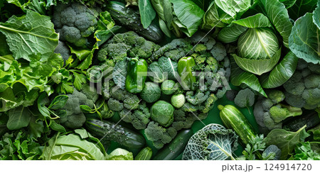 Heart made of vegetables including broccoli, cucumbers, and peppers 124914720
