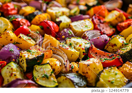 Close up of a variety of vegetables including onions, peppers, and tomatoes. 124914779