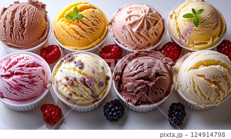 Row of ice cream flavors, including chocolate, strawberry, and vanilla 124914798