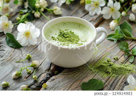 White cup with green tea and flowers on a wooden table. 124914981