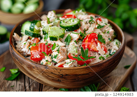 White bowl filled with a colorful salad of tomatoes, cucumbers, and fish. 124914983