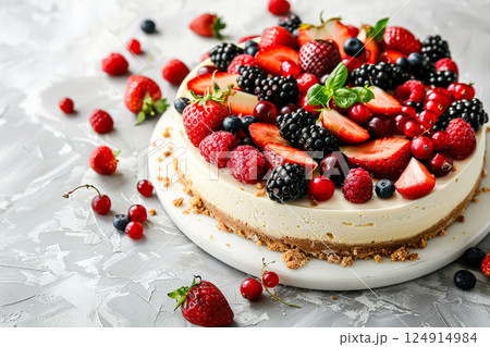 Delicious looking fruit cake with strawberries, blueberries, and raspberries 124914984
