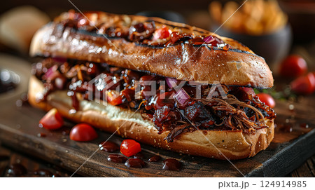 Sandwich with barbecue sauce and onions on top 124914985
