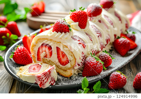 Strawberry cake with strawberries on top and a slice missing 124914996
