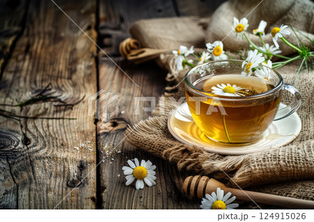 Cup of tea is sitting on a wooden table with a blanket and flowers Cup of tea is sitting on a wooden table with a blanket and flowers 124915026