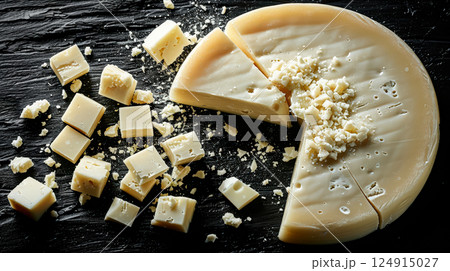 Piece of cheese has been cut in half and is sitting on a black surface 124915027