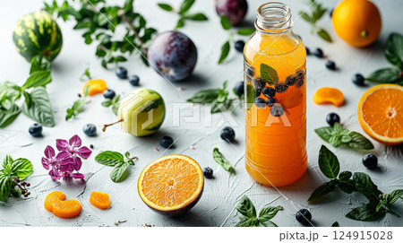 Bottle of orange juice is surrounded by a variety of fruits and vegetables 124915028