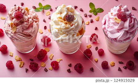 Three different flavored ice cream cups with raspberries on top 124915029