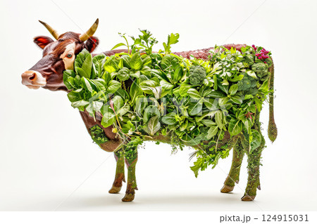 Cow is covered in green plants, giving it a unique and artistic appearance 124915031