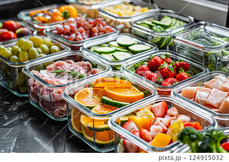 Row of clear plastic containers filled with a variety of fruits and vegetables 124915032