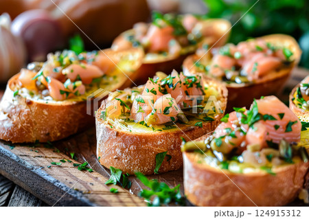 Plate of bread with vegetables on top 124915312