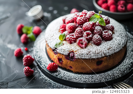 Cake with a lot of raspberries on top and a green leaf on top. 124915323