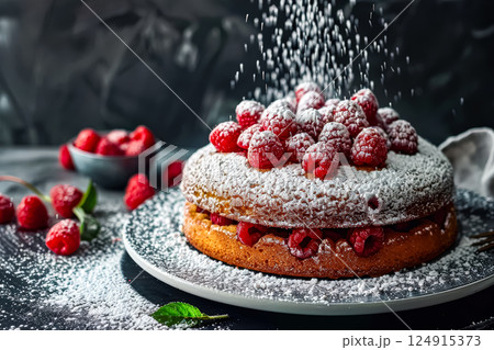Cake with a lot of raspberries on top and a green leaf on top. Cake with a lot of raspberries on top and a green leaf on top. 124915373