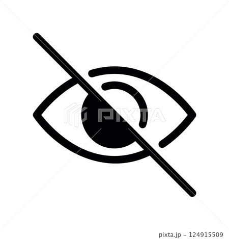 Eye icon crossed out with a bold diagonal line signifying invisibility 124915509